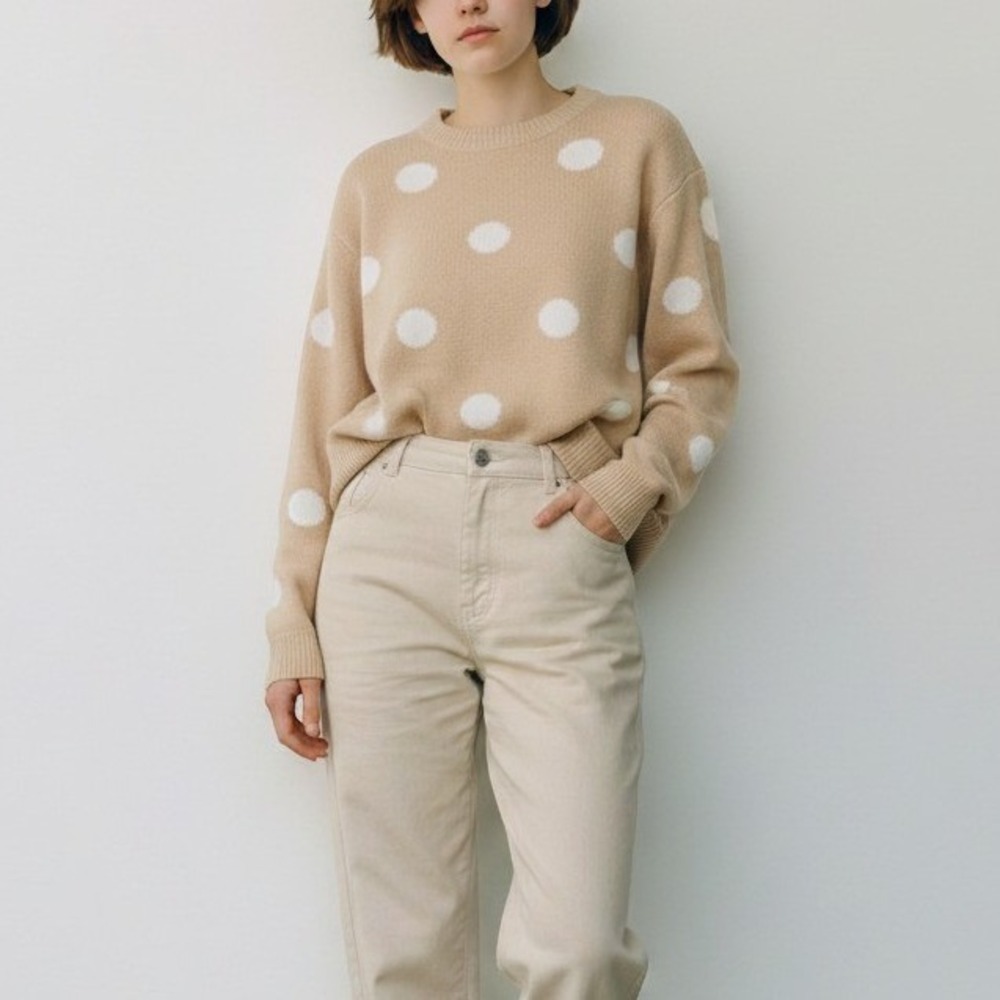 Anthony Richards Womens Polka Dot Sweater Neutral Soft Crew Neck Petite Large